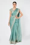 Buy_Onaya_Green Organza Sequin And Cut Dana Work V Neck Embroidered Saree With Blouse _at_Aza_Fashions