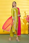 Buy_Surbhi Shah_Green Pure Spun Silk Embroidery Floral Round Notched Kurta Set  _at_Aza_Fashions