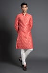 Buy_Raghavendra Rathore Jodhpur_Pink Chanderi Silk Embroidered Thread Floral Woven Kurta _at_Aza_Fashions