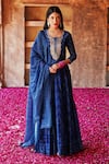 Buy_KARAJ JAIPUR_Blue Anarkali And Dupatta Chanderi Bandhani Pattern U Neck Set _at_Aza_Fashions