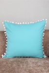 Buy_My Gift Booth_Blue Linen Pom-pom Border Square Shape Cushion_at_Aza_Fashions