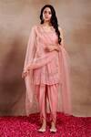 Buy_SHASHA GABA_Pink Organza, Crepe, Embroidery, Square Neck Floral Hand Kurta Set _at_Aza_Fashions