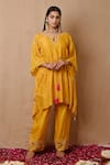 Buy_Label Nitisha_Yellow Cotton Silk Embroidered Pearl Keyhole Boat Asymmetric Kaftan And Pant Set _at_Aza_Fashions