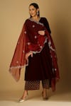 Buy_Monk & Mei_Maroon Kurta Velvet Embroidered Pearl And Zari Work V Zareen A-line Palazzo Set _at_Aza_Fashions