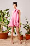 Buy_Sonam Parmar Jhawar_Pink Soft Organza Plain Halter Tie-up Neck Tulip Bow Balloon Dress  _at_Aza_Fashions