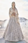 Buy_Seema Gujral_Ivory Net Embroidery Thread Plunge V Pearl Bridal Lehenga Set  _at_Aza_Fashions