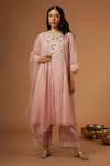 Buy_OMI_Pink Silk Chanderi Embroidered Floral Notched Neck Thread Hand Kurta Set _at_Aza_Fashions