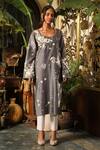 Buy_Sahil Kochhar_Grey Chanderi, Satin Lace Round Neck Zubaida Bloom Embroidered Kurta _at_Aza_Fashions