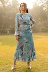 Buy_Divi By Sonal Khandelwal_Sky Blue Georgette Round Neck Nelumbo Printed Frill Hem Dress _at_Aza_Fashions