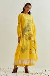 Buy_Prama By Pratima Pandey_Yellow Chanderi Round Neck Hand Block Print Dress With Inner _at_Aza_Fashions