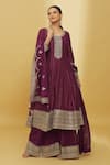 Buy_Samyukta Singhania_Wine Silk, Georgette Zari, Sequins, Embroidery Scoop And Anarkali Palazzo Set_at_Aza_Fashions