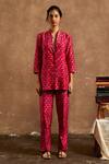 Buy Label Kinjal Modi Pink Cotton Silk Lotus, Metal Coin Shawl Collar Printed Blazer And Pant Set at Aza Fashions Buy_Label Kinjal Modi_Pink Cotton Silk Lotus, Metal Coin Shawl Collar Printed Blazer And Pant Set _at_Aza_Fashions