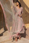 Buy_POMCHA JAIPUR_Grey Anarkali And Pant Cotton & Dupatta Soft Net Embroidery & Print Aliza Set _at_Aza_Fashions