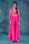 Buy_Kacha Tanka_Pink Dupion Art Silk Embroidery Mirror Work V Wrap Top And Flared Hem Pant Set _at_Aza_Fashions