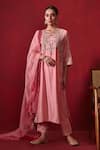 Buy_Ajiesh Oberoi_Pink Dupion Silk Embroidered Floral Patterns Preeti Straight Long Kurta Set _at_Aza_Fashions