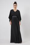 Buy_Aakaar_Black Silk Crystals V-neck Pleated Gown With Embellished Belt Set _at_Aza_Fashions