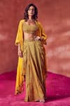 Buy_PUNIT BALANA_Yellow Satin And Organza Printed & Embroidery Cape & Draped Skirt Set _at_Aza_Fashions