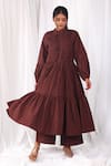 Buy_Khat_Maroon Poplin, Cotton Bandeau Neck Pintucked And Tiered Flared Kurta & Pant Set _at_Aza_Fashions