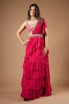 Buy_Vana Ethnics_Pink Viscose Printed Bandhani Pre-draped Ruffle Saree With Mirror Work Blouse _at_Aza_Fashions