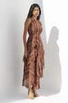 Buy_Nadima Saqib_Brown Georgette Print Paisley V Neck And Mandla Asymmetric Hem Dress _at_Aza_Fashions