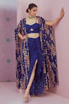 Buy_Krisha sunny Ramani_Blue Cape Georgette Printed Sequin Cape Open Jhumka Slit Dhoti Skirt Set _at_Aza_Fashions