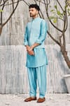 Buy_Charkhee_Blue Jacket  Dobby Cotton Hand Embroidered Beads  _at_Aza_Fashions