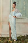 Buy_Shivani Awasty_Sky Blue Net Crystals, Feathers Square Neck Gown And Cape Set _at_Aza_Fashions