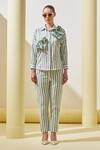 Buy_Pleats By Aruni_Green Linen Applique, Fabric Flowers Collared Striped Pattern Shirt And Pant Set_at_Aza_Fashions