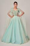 Buy_Tamaraa By Tahani_Blue Tulle, Silk Taffeta Cutdana, Sequins V Elvina Embellished Gown With Cape _at_Aza_Fashions
