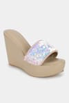 Buy_Aanchal Sayal_Beige Embroidered Dafni Holographic Strap Wedges_at_Aza_Fashions