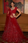 Buy_Nadine Dhody_Red Tulle Crystals, Sequins, Amour Floral Hand Embroidered Bridal Lehenga Set _at_Aza_Fashions