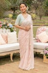 Buy_SUMMER BY PRIYANKA GUPTA_Pink Georgette Embroidery Cutdana And Pearls V Neck Floral Saree With Blouse _at_Aza_Fashions