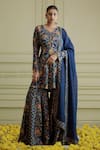 Buy_AFFROZ_Blue Russian Silk Printed Paisley Jaal V Neck Kurta Sharara Set _at_Aza_Fashions