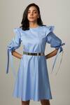 Buy_Escape By Aishwarya_Blue Cotton Satin Round Drama Flare Knotted Dress _at_Aza_Fashions