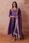 Buy_Label Mansi Nagdev_Purple Chanderi Woven Stripe V Neck Maryam A-line Kurta Set _at_Aza_Fashions