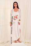 Buy_AK-OK_White Satin Embroidery Round Neck, Collared Printed Long Jacket With Slip Dress _at_Aza_Fashions