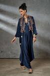 Aditi Somani_Blue Jacket Modal Satin, Jumpsuit Silk Suede Sequins, Draped With Embroidered _Online_at_Aza_Fashions