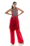 Buy_Sunita Bhandari_Red Viscose Crepe Embroidered Cutdana Round Neck Draped Tunic And Pant Set _at_Aza_Fashions