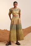 Buy_Cord_Yellow Cotton Satin, Linen Round Neck Scallop Impression Print Top _at_Aza_Fashions