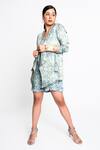 Buy Anmol Kakad Blue Satin, Linen, Georgette Tassels Shawl Mosaic Pattern Jacket And Romper Set at Aza Fashions Buy_Anmol Kakad_Blue Satin, Linen, Georgette Tassels Shawl Mosaic Pattern Jacket And Romper Set_at_Aza_Fashions