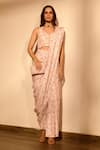 Buy_Pasha India_Pink Linen Floral Halter Neck Pant Saree With Blouse _at_Aza_Fashions