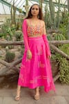 Buy_Kacha Tanka_Pink Dupion Art Silk Hand Embroidery 3d Flower Applique Crop Top And Skirt Set _at_Aza_Fashions