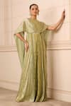 Buy_Tarun Tahiliani_Green Crinkle Tulle And Lace Fabric Embellishment French Wide Leg Jumpsuit _at_Aza_Fashions