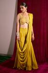 Buy_17:17 By Simmi Saboo_Yellow Muslin Silk And Organza Embroidery Thread & Sharara Saree With Bustier _at_Aza_Fashions