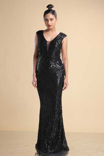 Buy_Kommal Sood_Black Lycra, Net Sequins, Beads Plunge Neck Embroidered Cap Sleeve Gown _at_Aza_Fashions