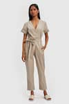 Buy_Reistor_Beige Poplin V Neck Solid Front Tie-up Jumpsuit  _at_Aza_Fashions