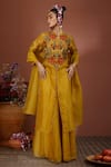 Buy_Neha Poddar_Yellow Kurta Embroidery Mirror Notched Applique Work Skirt Set_at_Aza_Fashions