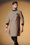 Buy_S&N By Shantnu Nikhil_Beige Crepe, Faux Leather Embroidery Geometric Print Ribbed Neck Kurta_at_Aza_Fashions