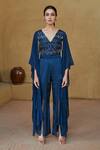 Buy Studio Radical Blue Crepe, Georgette Beads V-neck Cape Sleeved Embellished Slit Jumpsuit at Aza Fashions Buy_Studio Radical_Blue Crepe, Georgette Beads V-neck Cape Sleeved Embellished Slit Jumpsuit _at_Aza_Fashions