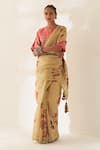 Buy_Kasturi Kundal_Brown Printed Pushpa Pure Linen Handloom Saree With Unstitched Blouse _at_Aza_Fashions